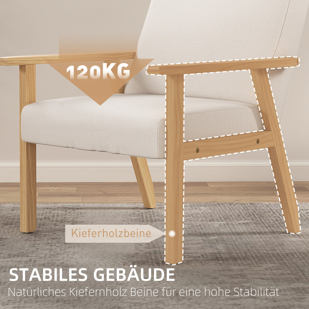 Polstret lænestol med armlæn, spisestol i hørlook, massivt træstel, 64 x 70 x 72 cm, cremefarvet