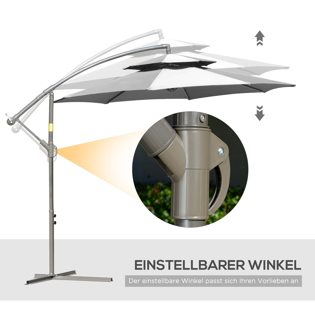 Parasol fritbærende parasol ø2,67 x 2,45 m svingparasol med dobbelt tag krydsfod stål udendørs solbeskyttelse polyester stål lysegrå