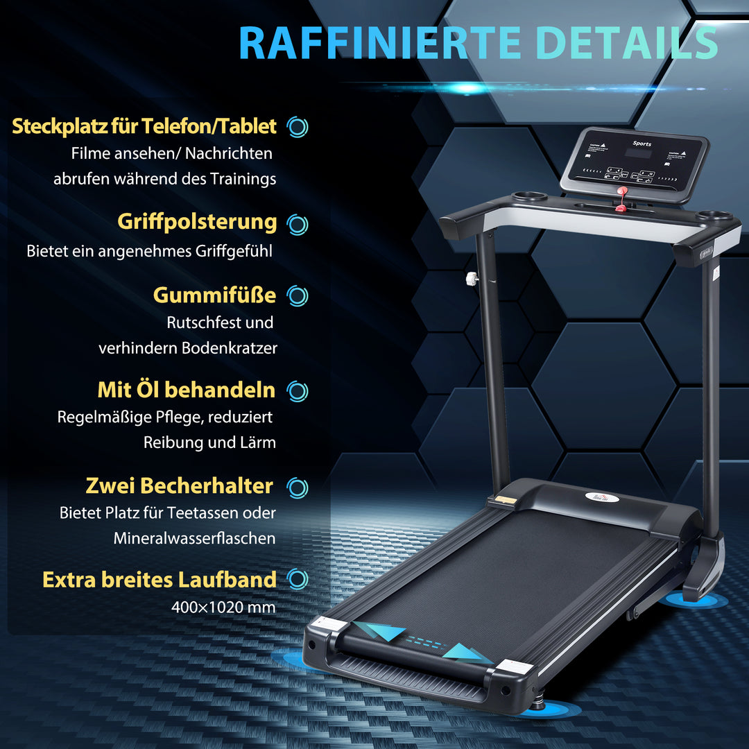 Foldbart løbebånd med 12 programmer og mobiltelefonholder 71 x 128 x 122 cm stål sort