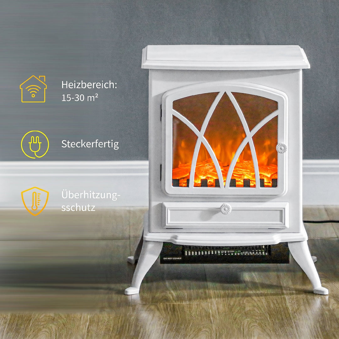 Elektrisk pejs med varmelegeme, LED-flammeeffekt, 1000/2000W, hvid