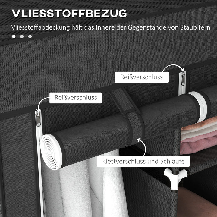 Stofgarderobe, opbevaringsløsning, 8 hylder, 2 garderobestativer, sort