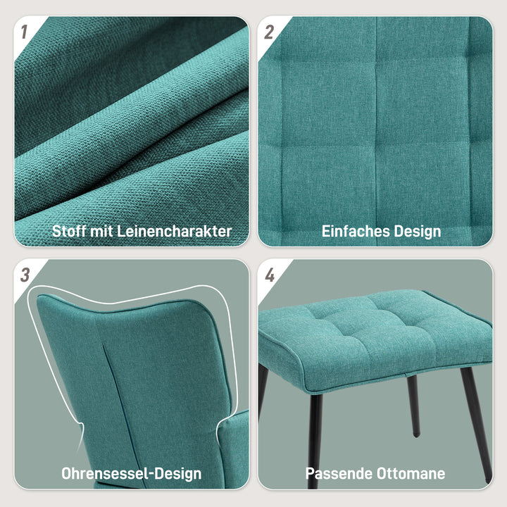 Gyngestol med fodskammel, bredt sæde, høj ryg, imiteret hør, mintgrøn