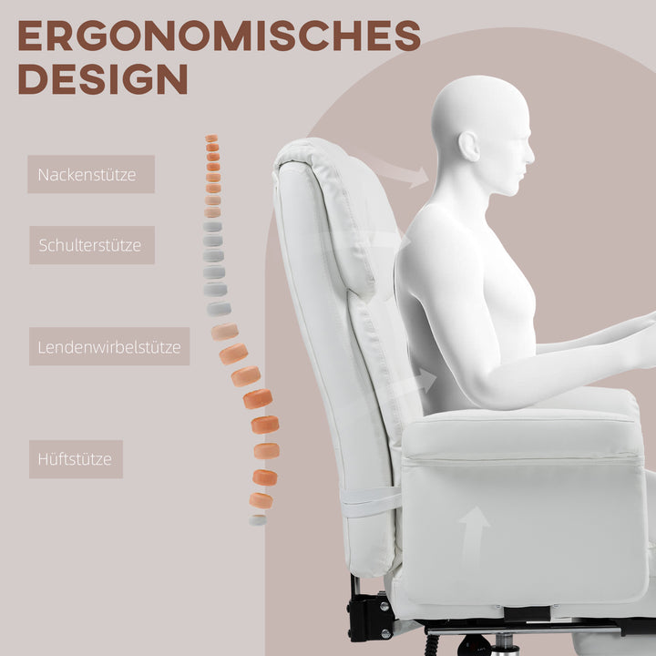 Ergonomisk kontorstol, højdejusterbar 48-56 cm, ryglæn med hvilefunktion, fodstøtte, hvid