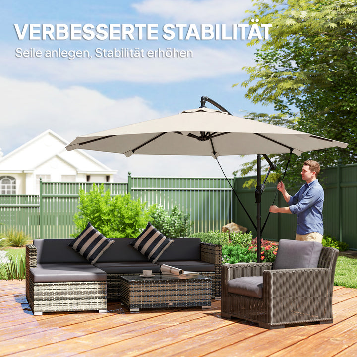 Fritstående parasol ca. Ø300 cm, vipbar, med håndsving, krydsfod, vindreb og beskyttelsesovertræk, cremehvid