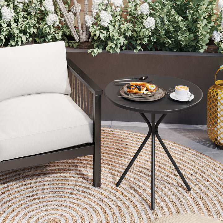 Havebord 60 x 70 cm, vejrbestandigt balkonbord i stål, rundt spisebord med fodstøtte sort