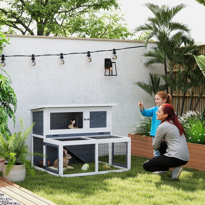 Kaninbur 2 niveauer med foldbart tag kaninbur lavet af massivt træ vintersikkert dobbelthus 122x95x93,5 cm grå