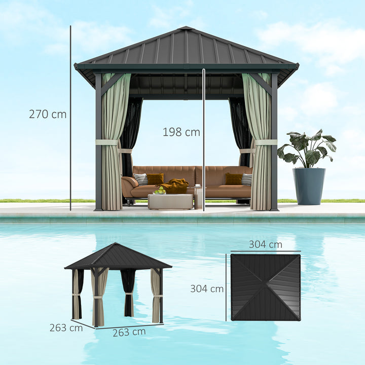 3 x 3 m pavillon med hårdt tag, havepavillon med metaltag, vandtæt havetelt med net og sidevægge, mørkegrå