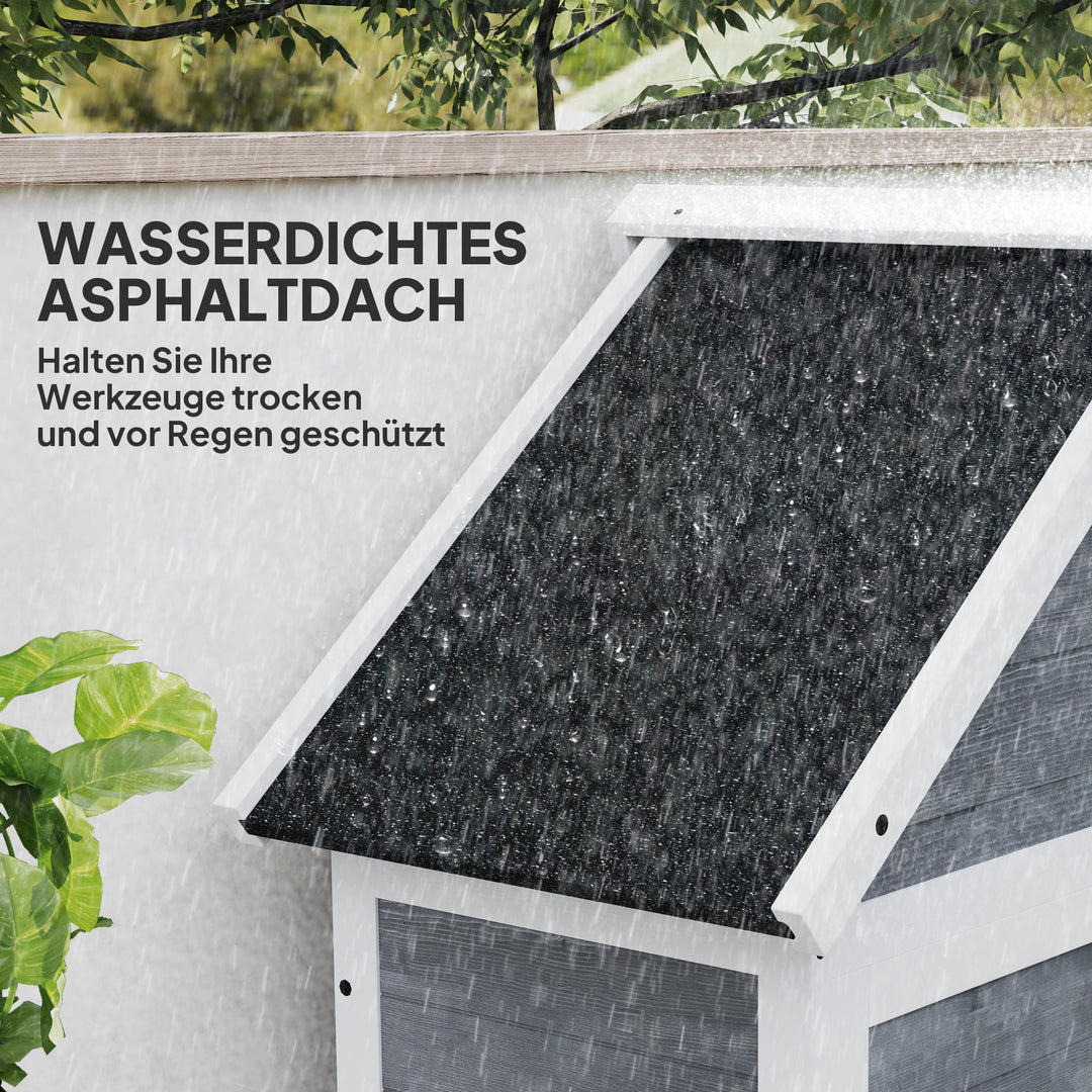 Haveskur med opbevaringsskab, justerbare hylder, aflåselige døre, vandtæt, grantræ, lysegrå