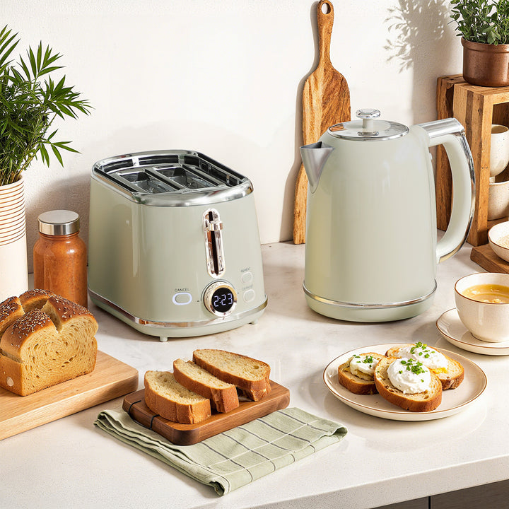 Elkedel- og brødristersæt, LED-display, 1,7 liter, 2200W, retrodesign, hukommelsesfunktion, grå