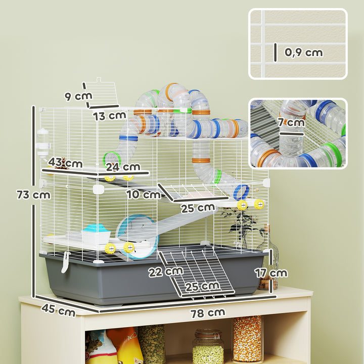 Dværghamsterbur, 4 niveauer, tunnelsystem, bur, tilbehør, topåbning, 78 x 45 x 73 cm, grå