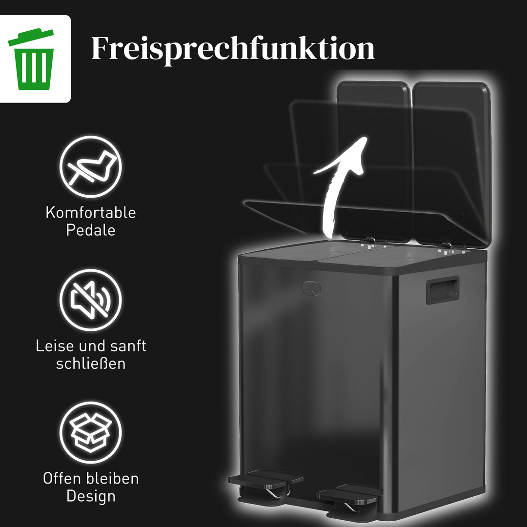2 x 20 L dobbelte affaldsbeholdere, pedalåbning, nem at rengøre, rustfrit stål, plastik, sort