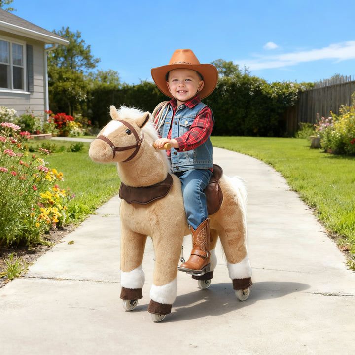 Ridehest med sadel og hjul til børn 3-5 år, 80 cm, brun