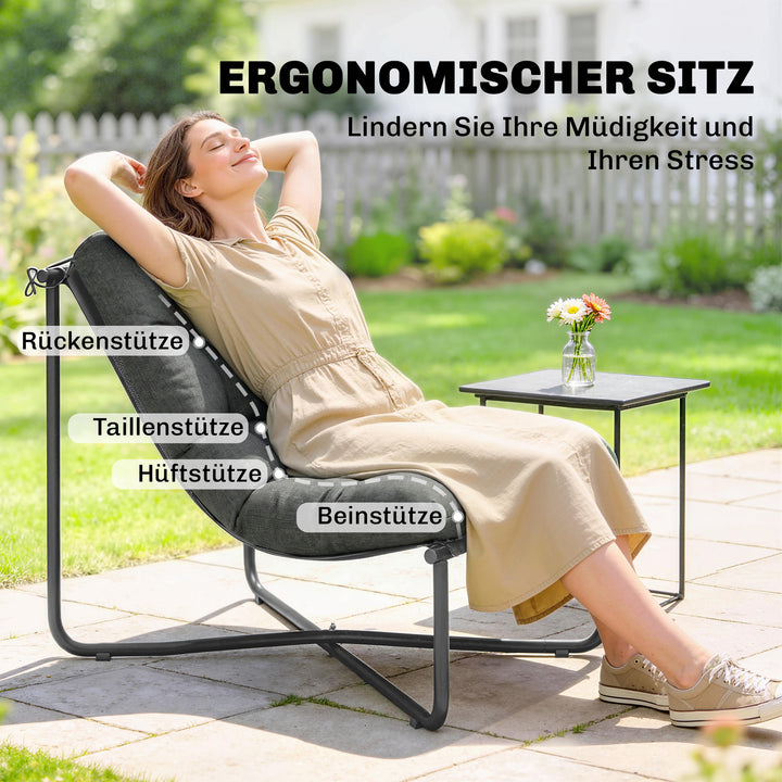 Udendørs loungestol, ergonomisk havestol med hudvenlige hynder, bredt sæde, stålstel, mørkegrå