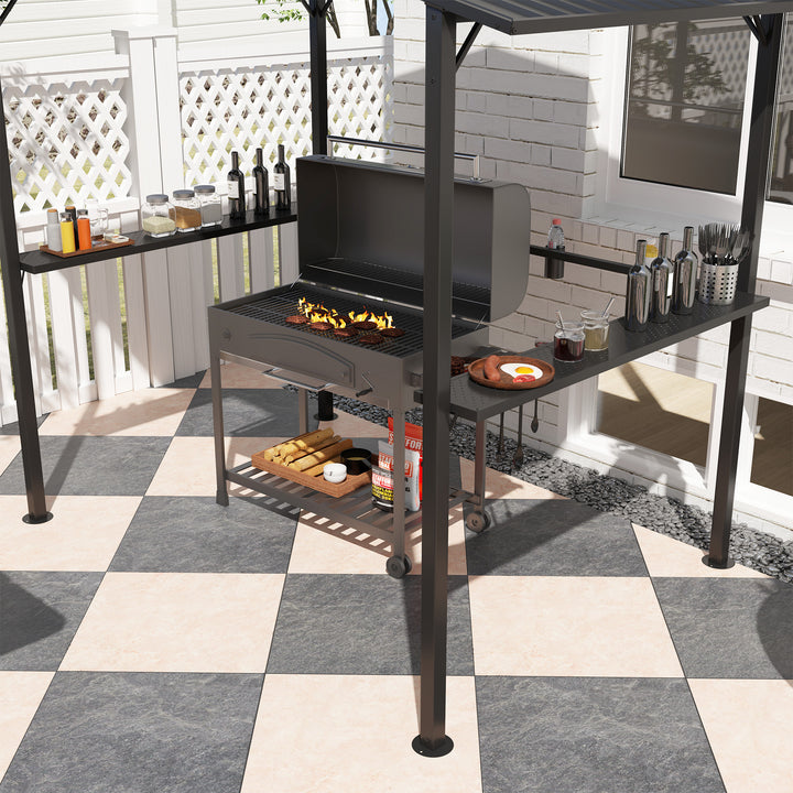Grillpavillon 250 x 160 x 250 cm, vandtæt havepavillon med dobbeltlagstag og sidehylder, sort