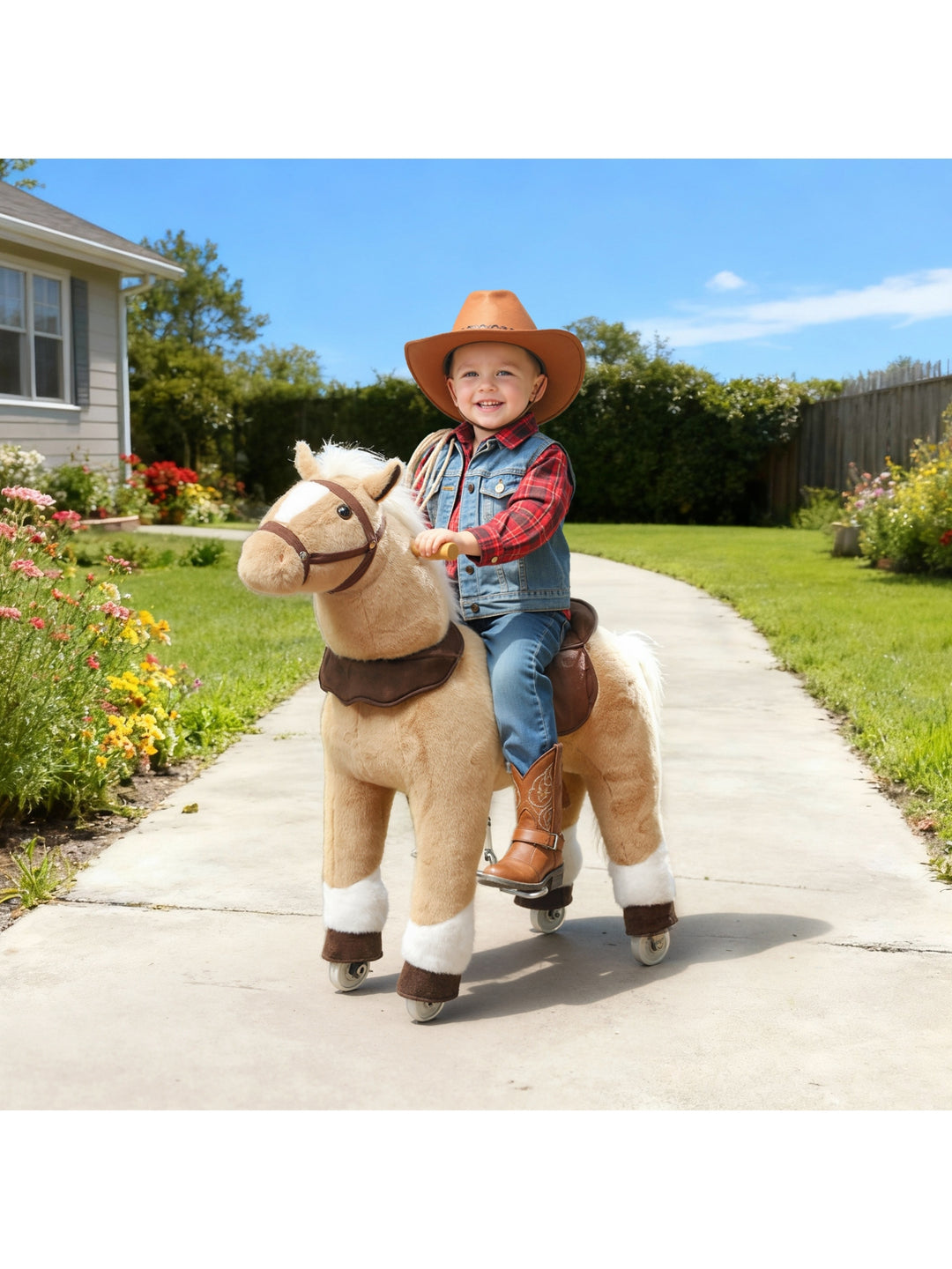 Ridehest med sadel og hjul til børn 3-5 år, 80 cm, brun