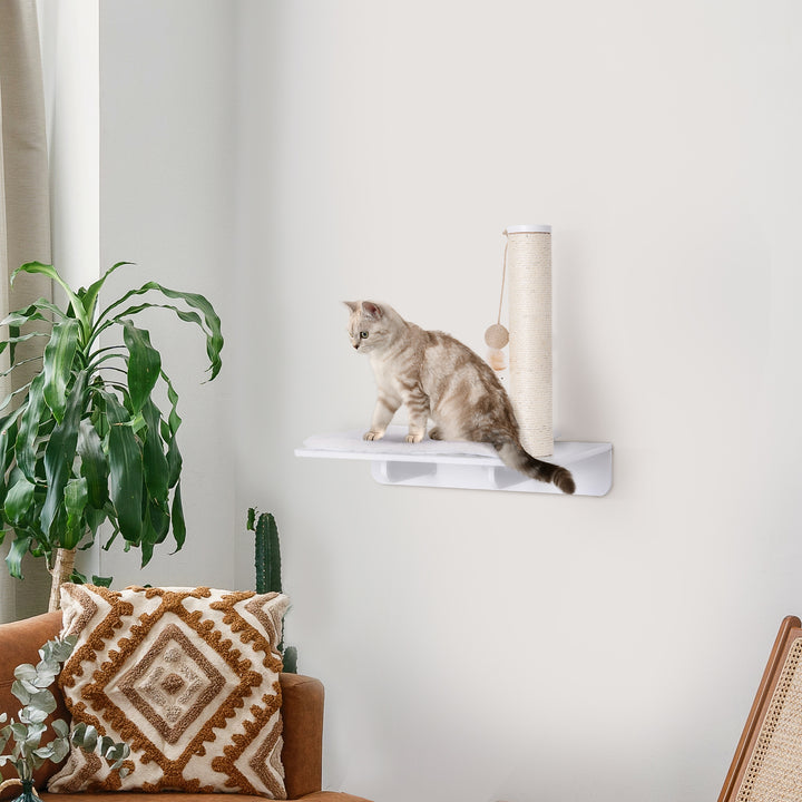 Klatrevæg til katte, vægmonteret kradsetræ, katteligger med kradsetræ, 53 cm kattehylde med boldlegetøj, plysmåtte, kradsetræ til katte, kattesøjle, hvid