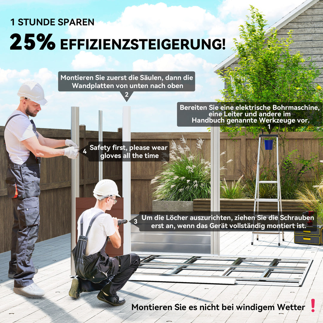 Metalredskabsskur, vejrbestandigt og rustbestandigt, aflåseligt, 2,40 x 2,06 x 1,98 m, teaktræ