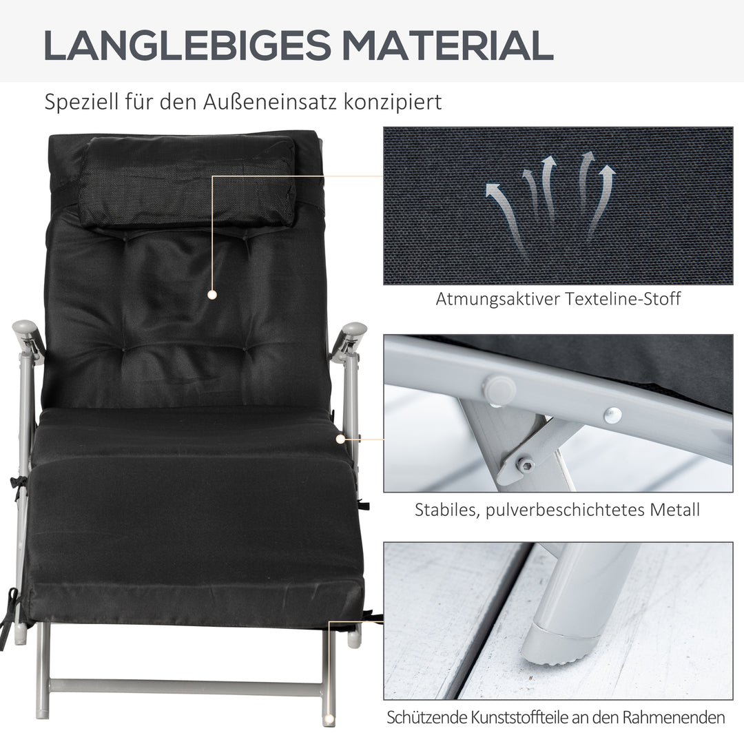 Foldbar solseng med nakkestøtte og sædehynde, liggestol med 7-vejs justerbar ryglæn, haveliggestol, afslapningsliggestol, lasteevne op til 165 kg, til haveferie, udendørs, sort