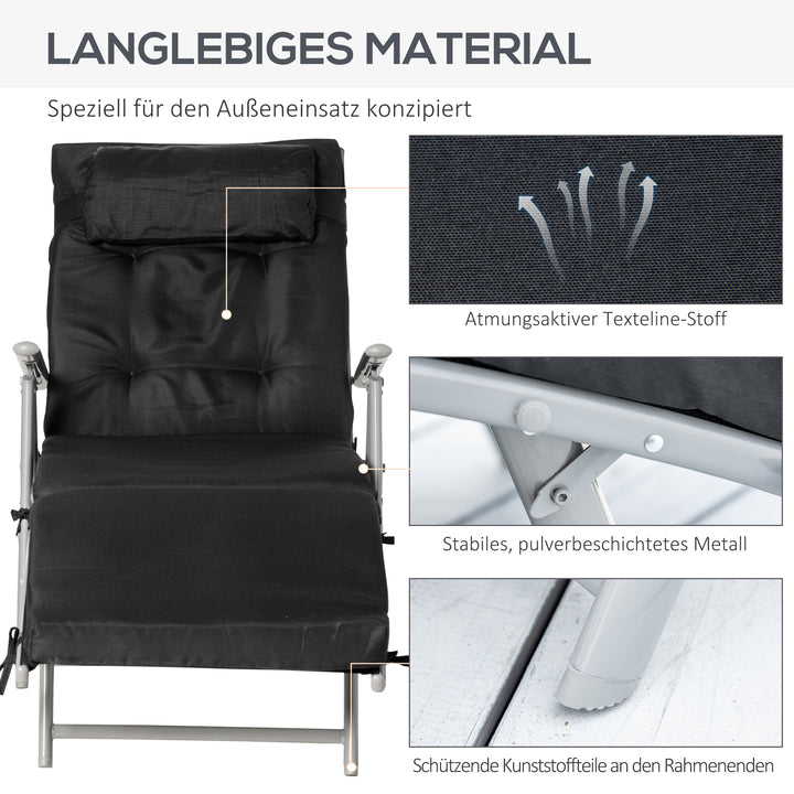Foldbar solseng med nakkestøtte og sædehynde, liggestol med 7-vejs justerbar ryglæn, haveliggestol, afslapningsliggestol, lasteevne op til 165 kg, til haveferie, udendørs, sort