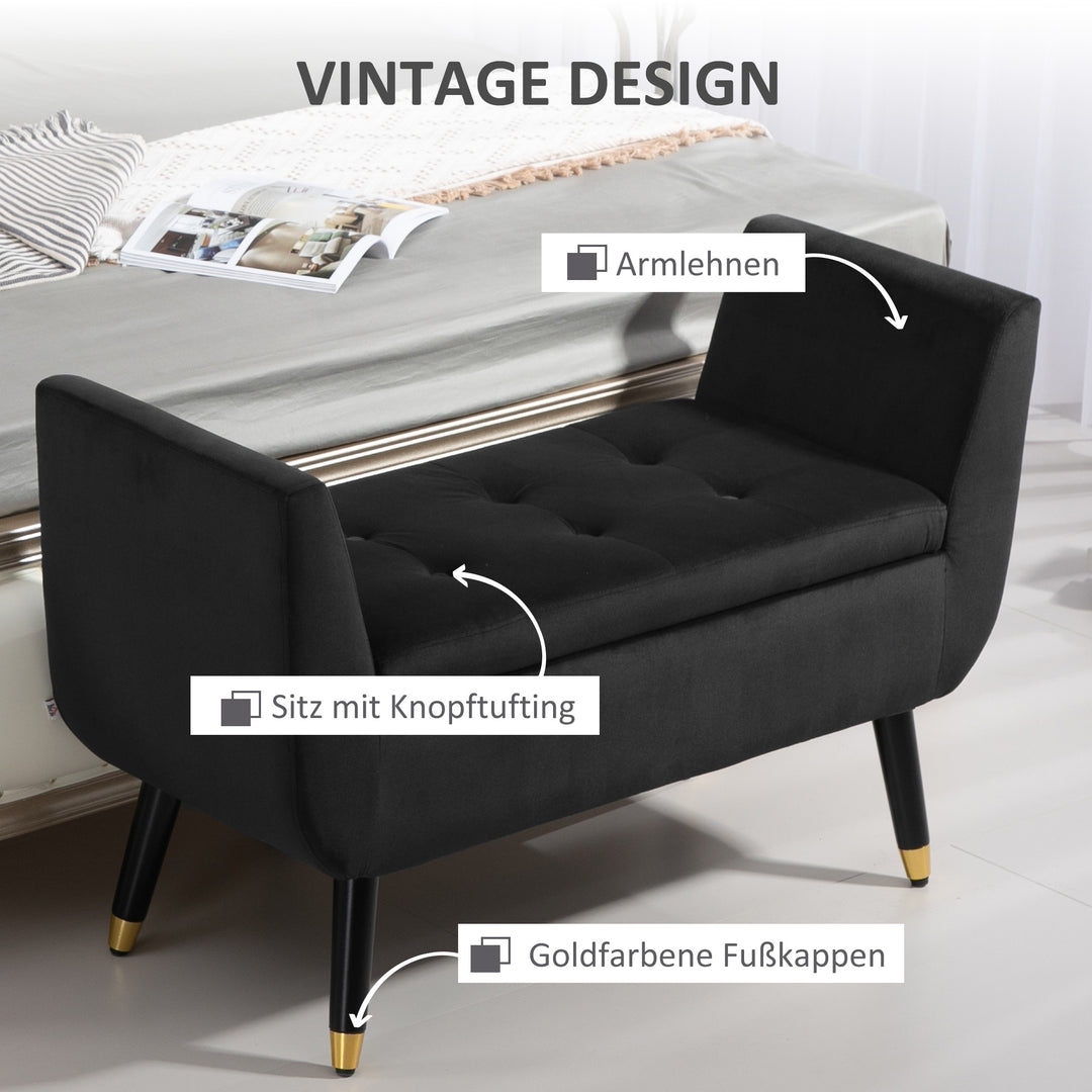 Opbevaringsbænk med armlæn, kommodebænk, fløjlspolyester, gummitræ, mørkegrå, 107 x 42 x 65 cm