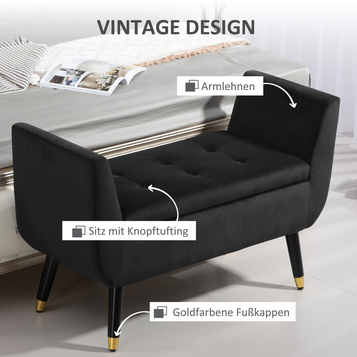 Opbevaringsbænk med armlæn, kommodebænk, fløjlspolyester, gummitræ, mørkegrå, 107 x 42 x 65 cm