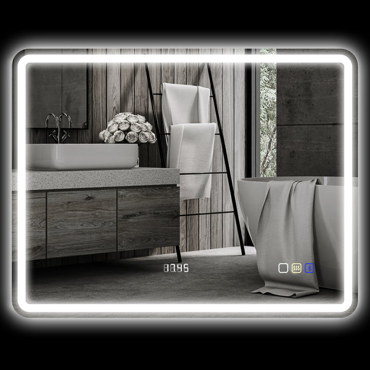 Badeværelsesspejl med led-belysning, antidugpude, 3 justerbare farver, ur, 700 x 900 mm, sølv