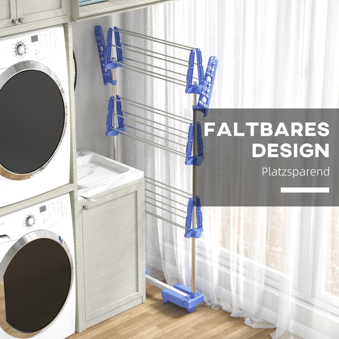 Tørrestativ. 4 niveauer, foldbar, et-klik-system, 142 cm x 55 cm x 152 cm, blå + sølv