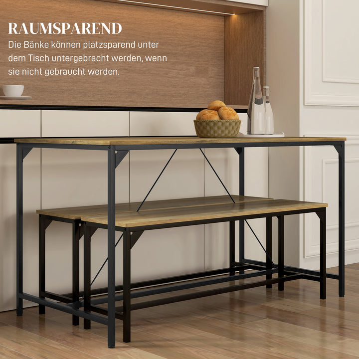 Spisesæt, bord og 2 bænke, industrielt design, stålstel, trædekor/sort
