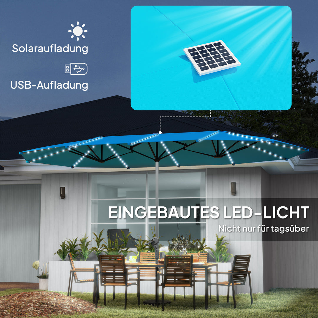 Dobbeltparasol med solcellelamper, aluminium, polyester, upf 50+ beskyttelse, uv-resistent, terrasseparasol, blå