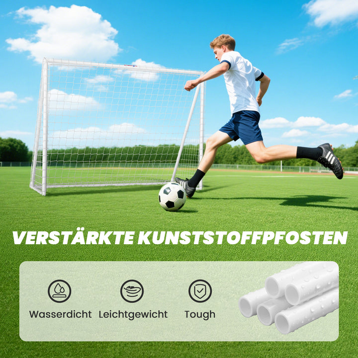 Fodboldmål, robust net, plastikramme, pløkker, 240L x 90B x 180H cm, hvid