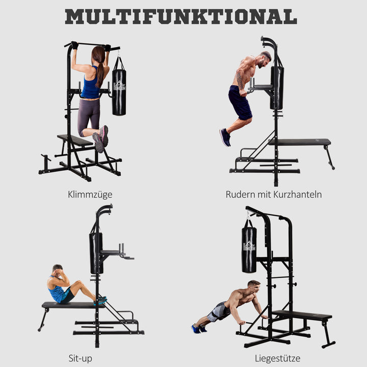 Power station med pull-up bar, multifunktionel dip station, hjemmetræningsudstyr, med boksesæk, fitness, stål, sort, 180 x 183 x 219 cm
