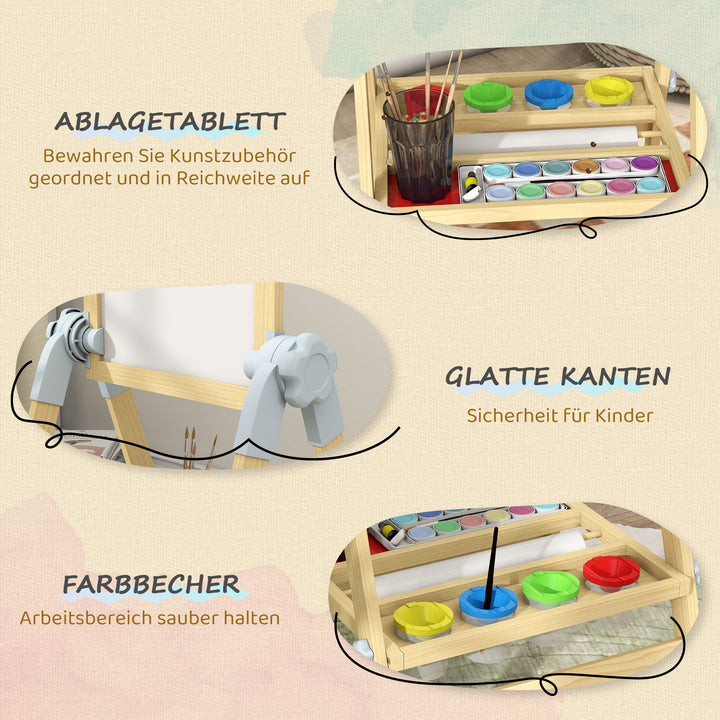 Børnestaffeli i træ, dobbeltsidet whiteboard og kridttavle, højdejusterbar stående kridttavle med papirrulle, hylde, naturfarvet