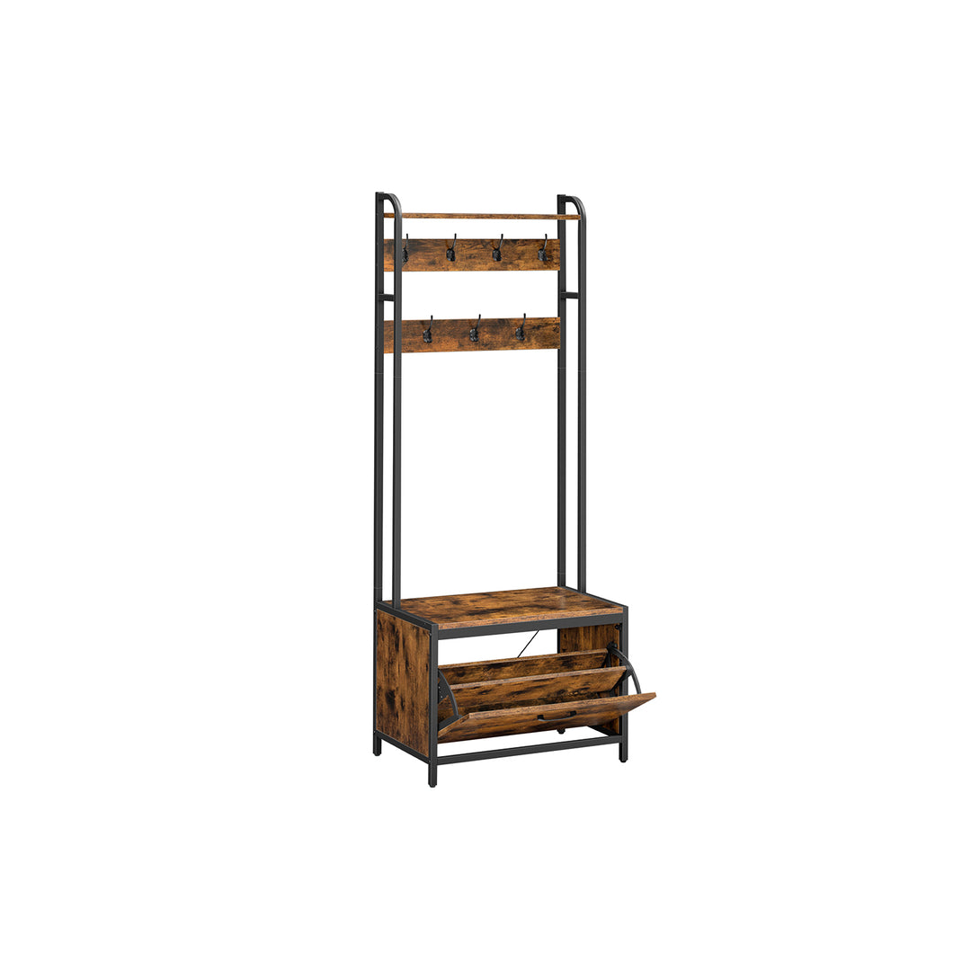 Garderobestativ med skoopbevaring, 7 kroge og øverste hylde,D40 x B65 x H170 cm, brun