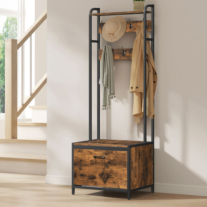 Garderobestativ med skoopbevaring, 7 kroge og øverste hylde,D40 x B65 x H170 cm, brun