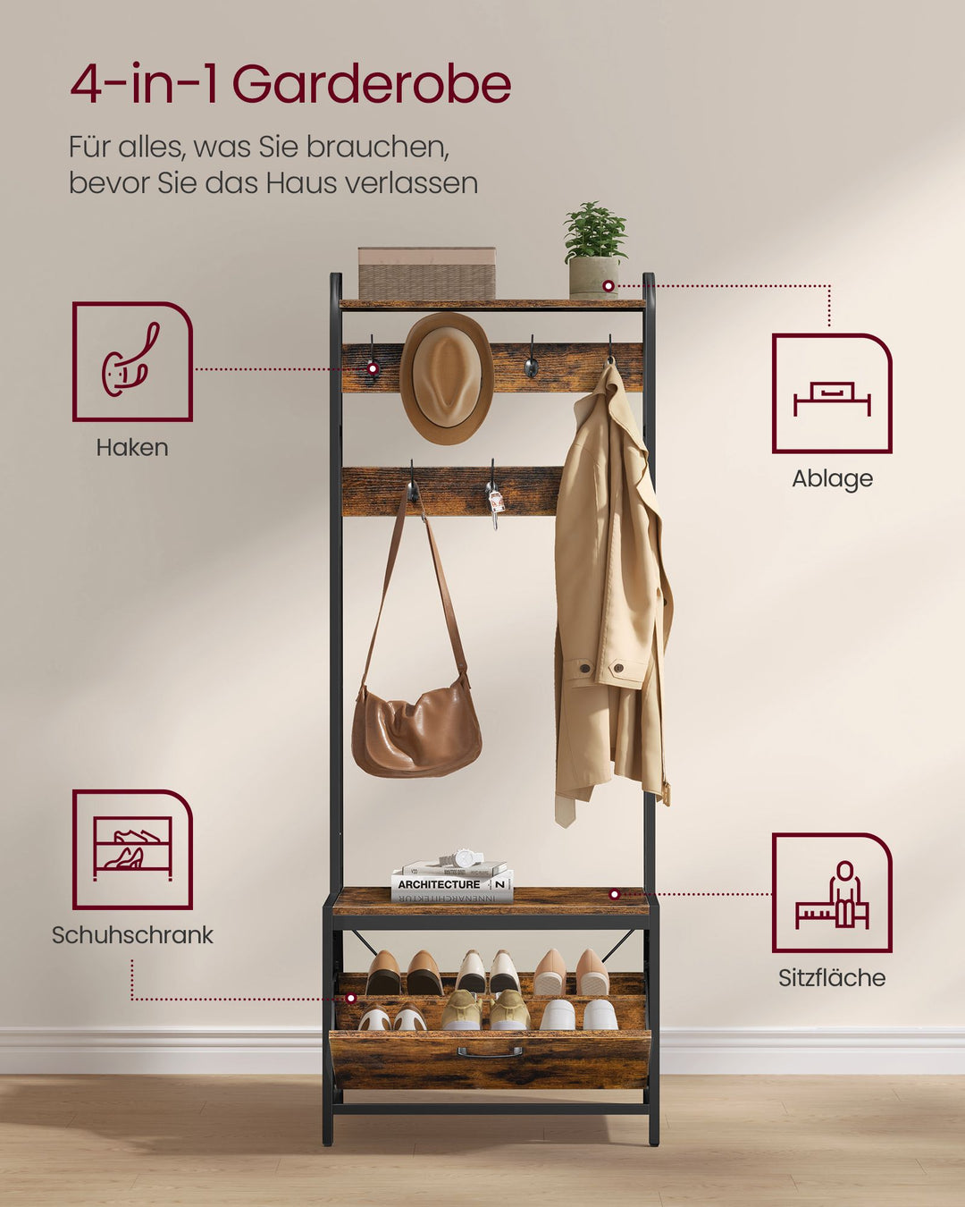 Garderobestativ med skoopbevaring, 7 kroge og øverste hylde,D40 x B65 x H170 cm, brun