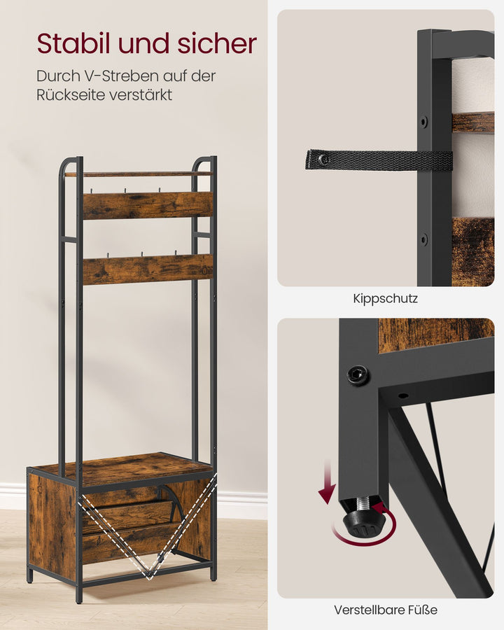 Garderobestativ med skoopbevaring, 7 kroge og øverste hylde,D40 x B65 x H170 cm, brun
