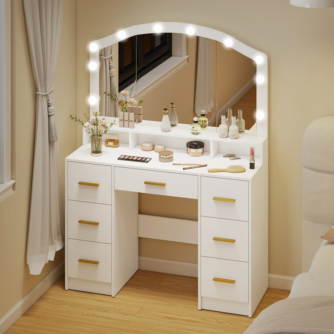 Toiletbord med 10 LED Hollywood-lamper, spejl, 7 skuffer, 3 rum, MDF, hvid