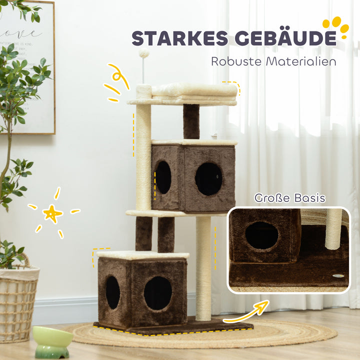 Kradsetræ, delbart kattetårn med kradsetræer og hoppeplatforme, indendørs, mørkebrun + hvid