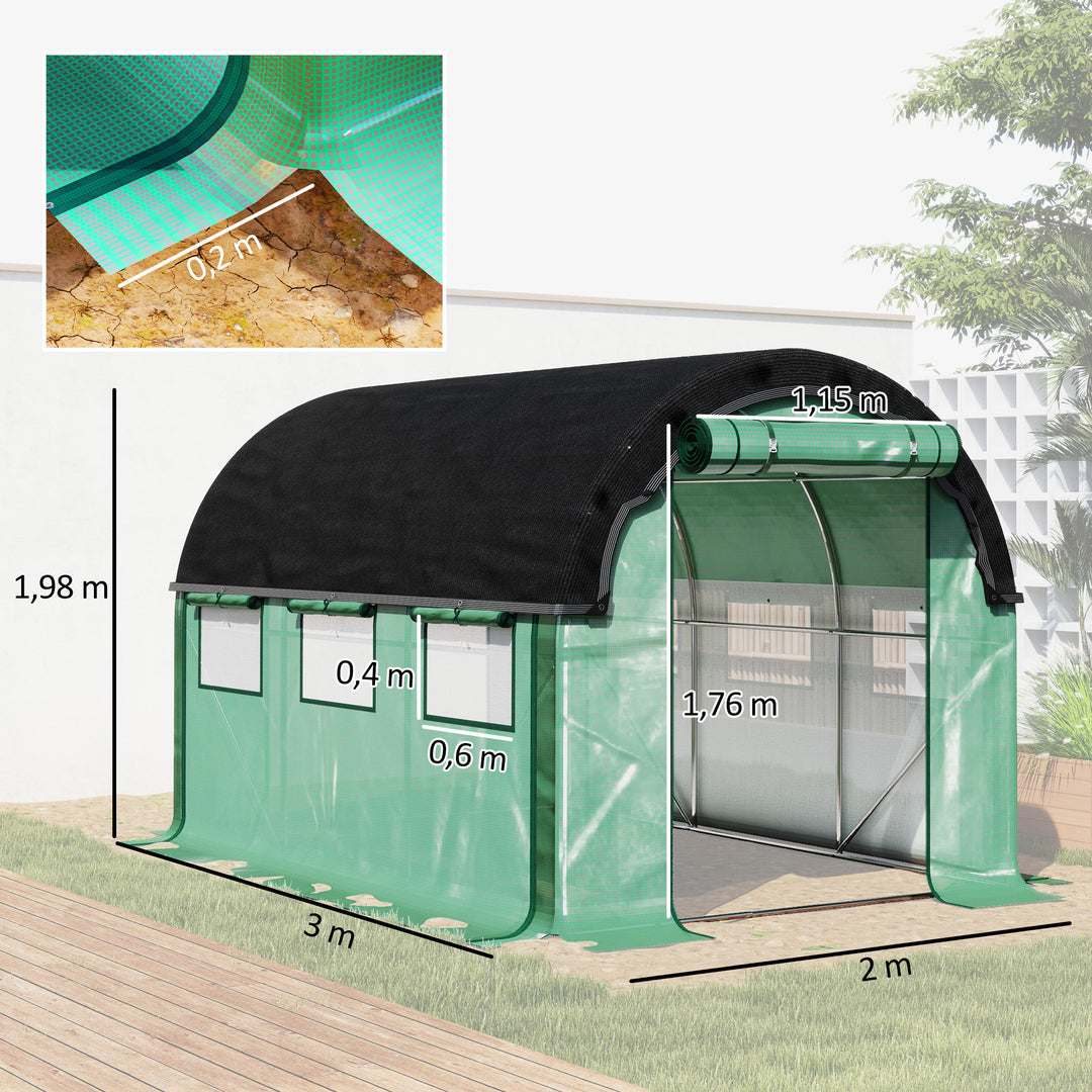 3 x 2 x 2 m polytunnel drivhus med solnet, rullelige sidevægge, plastikdæksel, stålramme, grøn