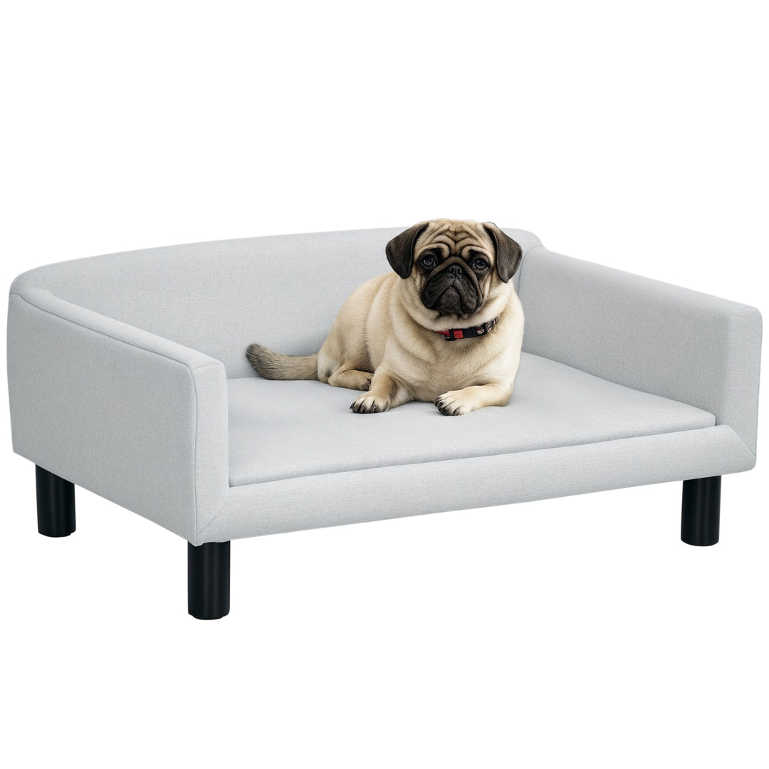 Hundesofa, Hundeseng, Hundeseng lavet af fløjl med ryglæn, Træben, Kattesofa til mellemstore hunde, 82 x 54 x 36 cm, Lysegrå