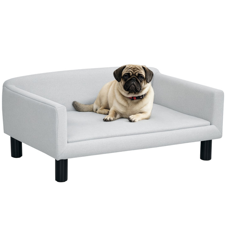 Hundesofa, Hundeseng, Hundeseng lavet af fløjl med ryglæn, Træben, Kattesofa til mellemstore hunde, 82 x 54 x 36 cm, Lysegrå