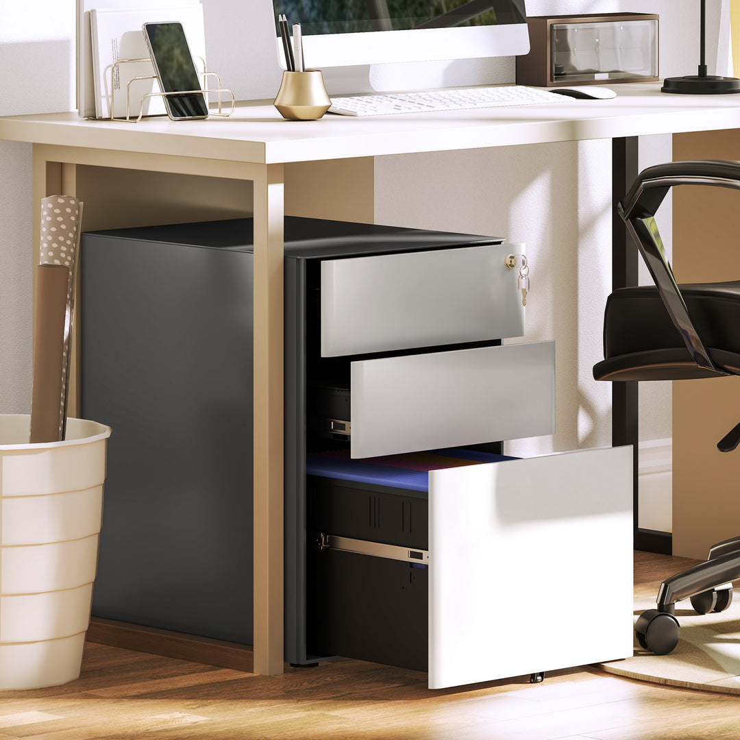 Arkivskab, mobil beholder, 3 skuffer og hængemapper, lås, stålkabinet, 39 x 48 x 59 cm, hvid + grå