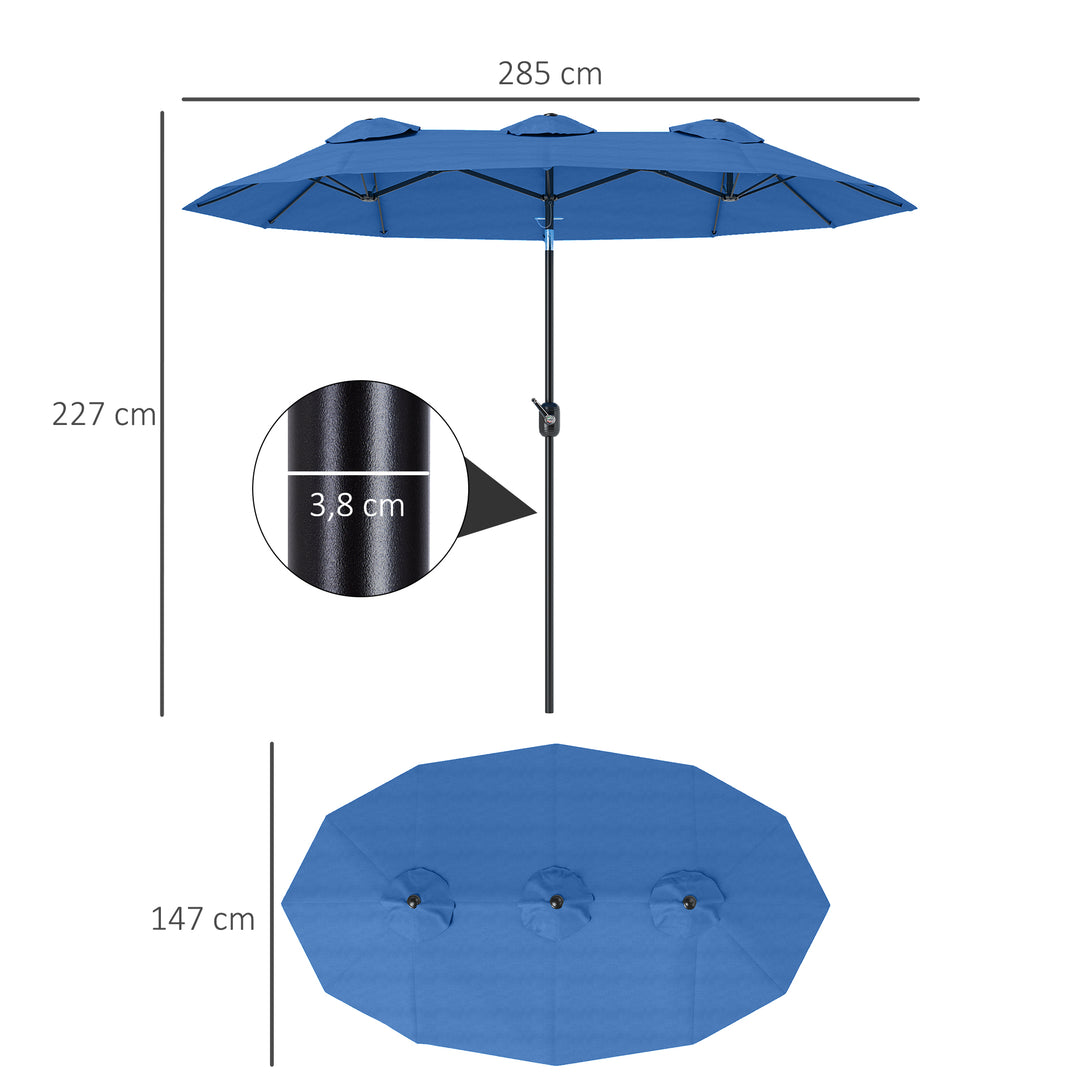 Parasol, haveparasol, vipbar, med håndsving, vindfang, polyester+stål, marineblå, 285 x 147 cm
