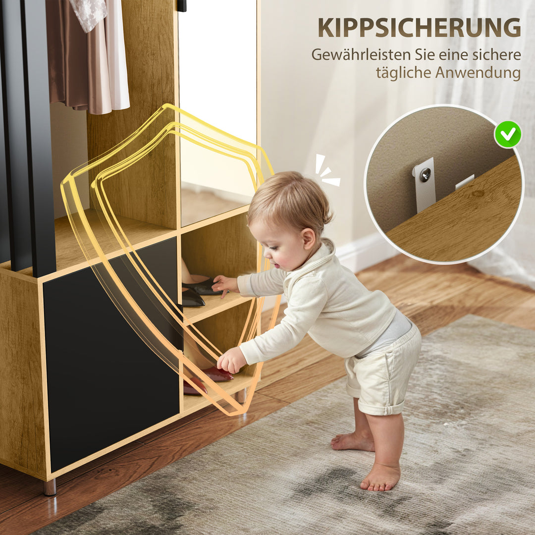 Garderobe med spejl og bøjlestang, opbevaringsrum, åbne hylder, naturtræ, sort