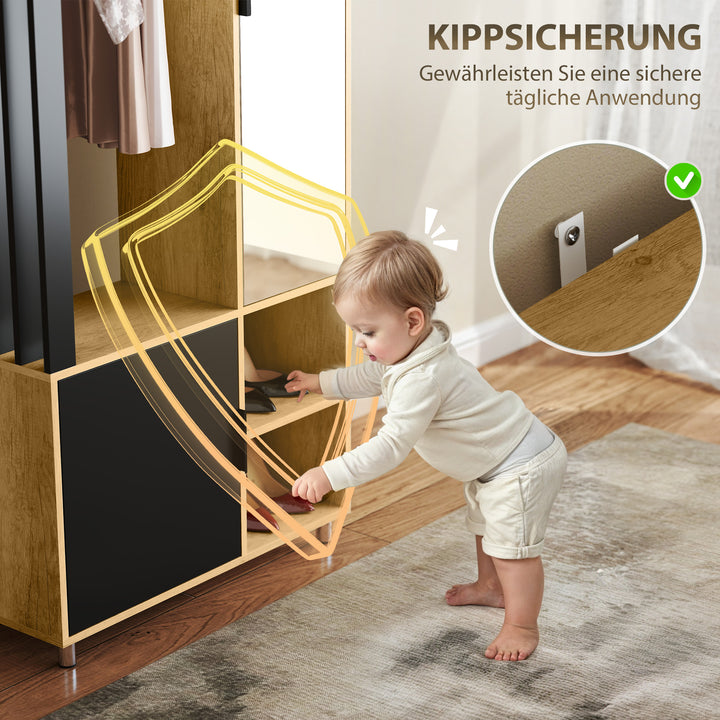 Garderobe med spejl og bøjlestang, opbevaringsrum, åbne hylder, naturtræ, sort