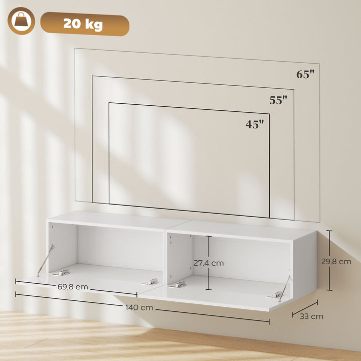Vægmonteret tv-skab, svævende tv-bord med masser af opbevaringsplads, spånplade, hvid