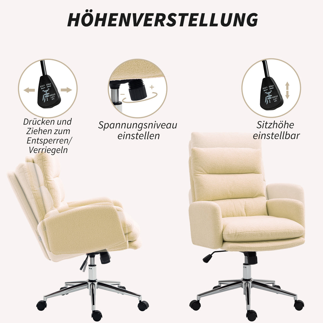 Kontorstol, skrivebordsstol med polstring, vippefunktion, drejelig, rullbar, cremehvid