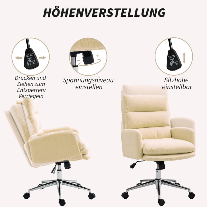 Kontorstol, skrivebordsstol med polstring, vippefunktion, drejelig, rullbar, cremehvid