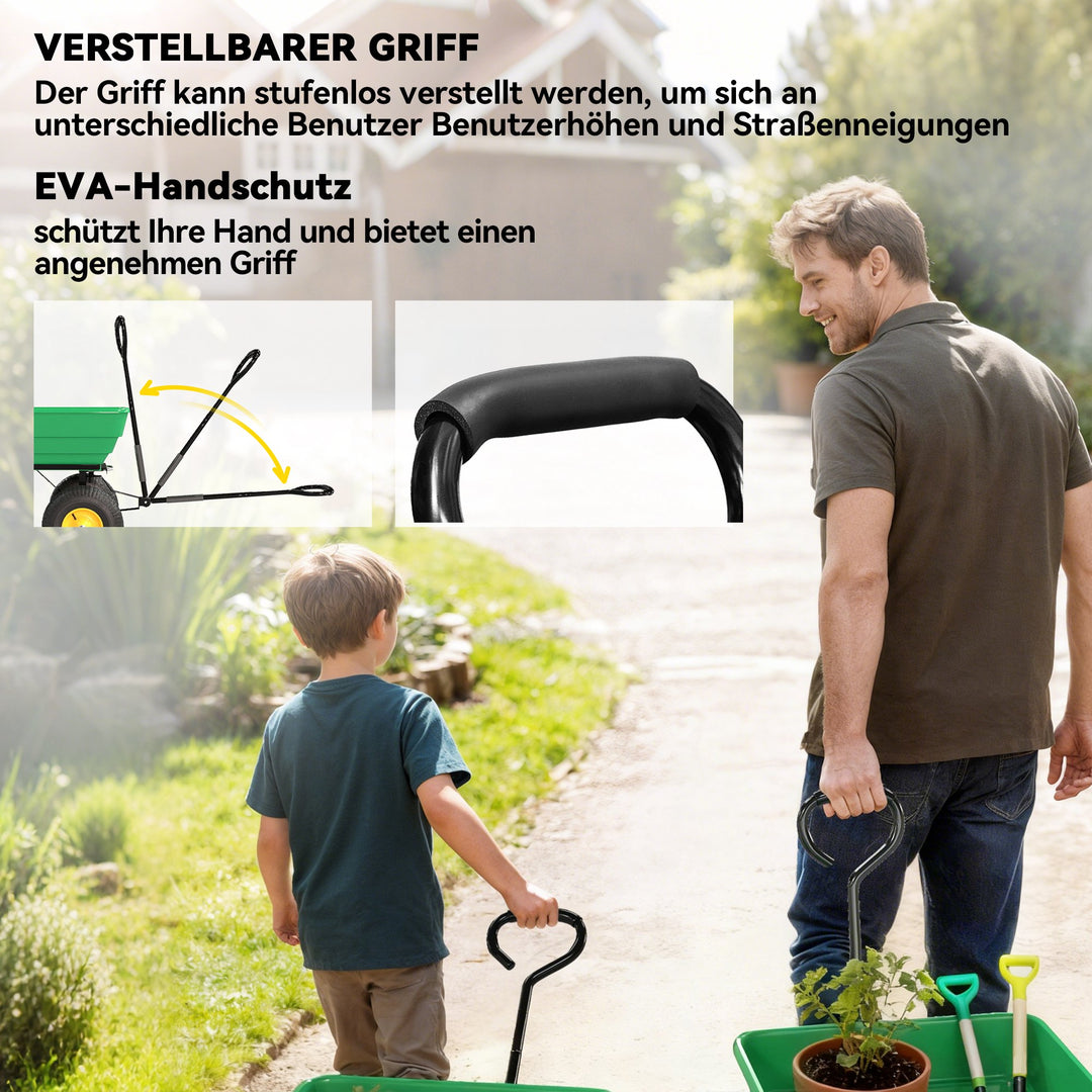Havevogn med vippefunktion, op til 200 kg, trækvogn med 75-liters plastikbeholder, trækhåndtag, luftgummihjul, mørkegrøn