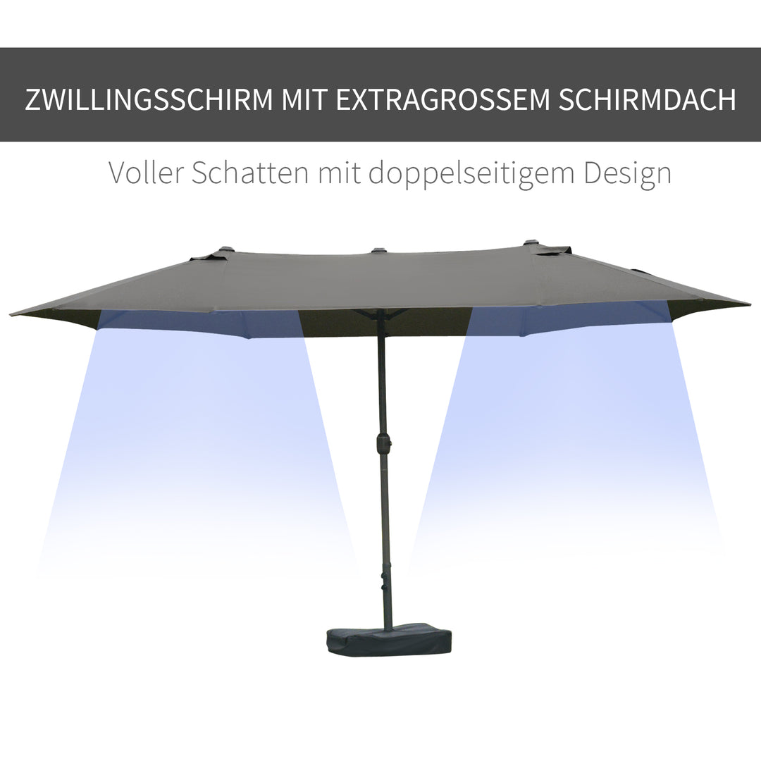 Parasol, haveparasol, markedsparasol, dobbeltparasol, terrasseparasol med parasolstativ, håndsving, mørkegrå, oval, 460 x 270 x 240 cm